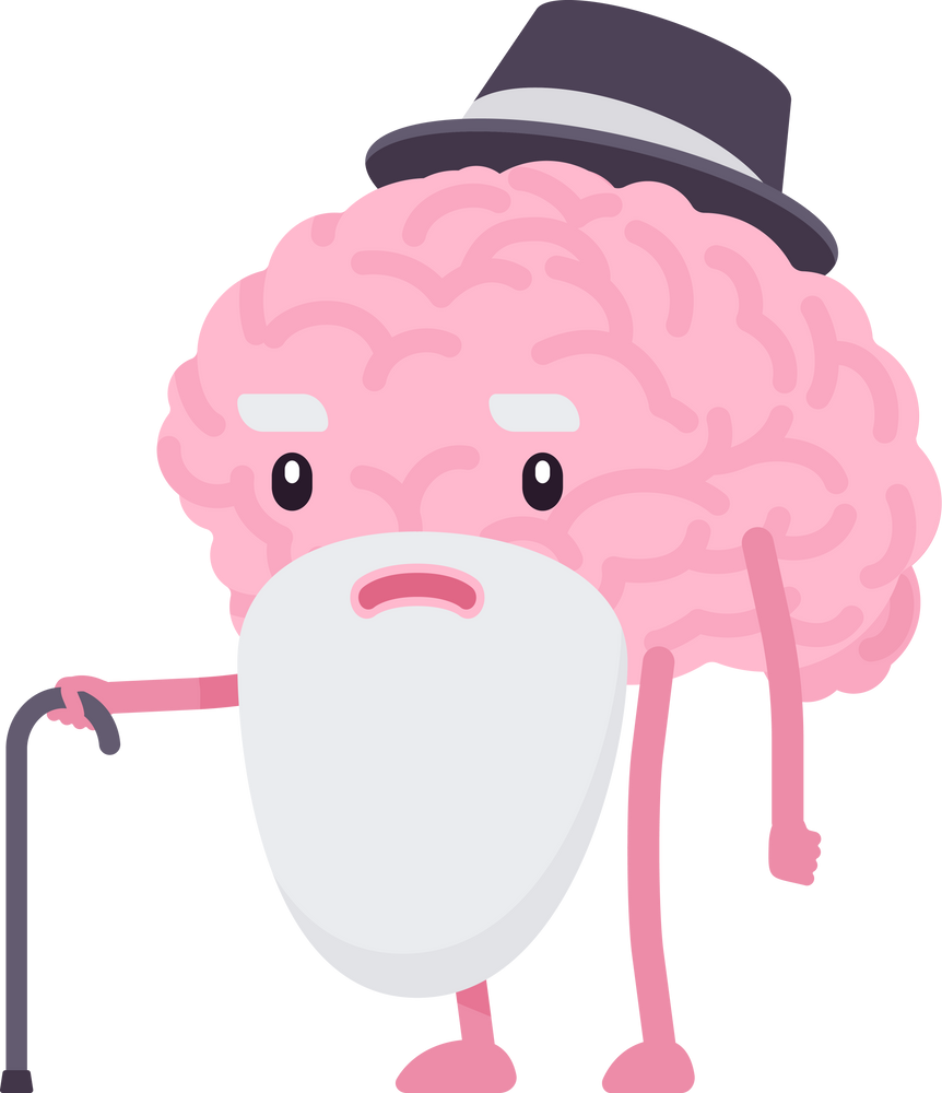 Brain character, cute funny face, old, dementia, Alzheimer's disease